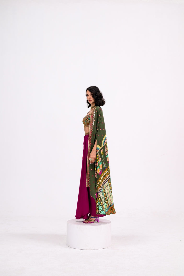 Rani Dhoti Set Paired Embroidered Barlette And Cape