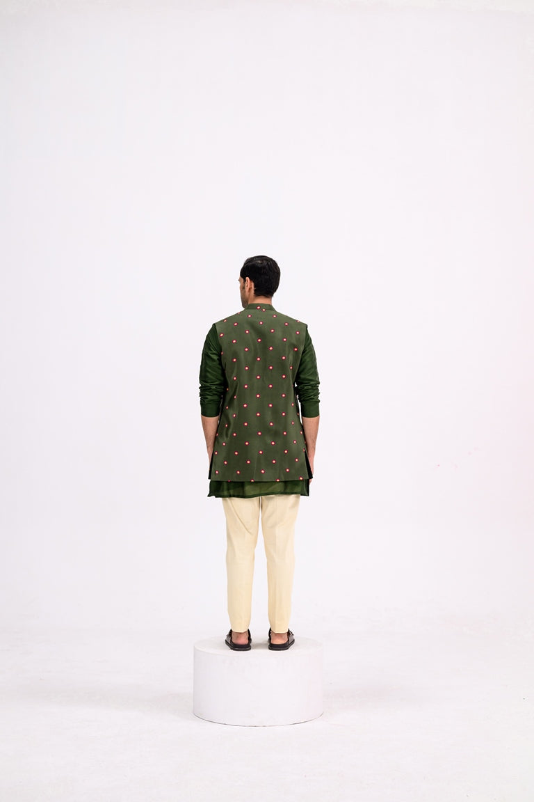 Green Dotted Heavy Half Jacekt Kurta And Pants