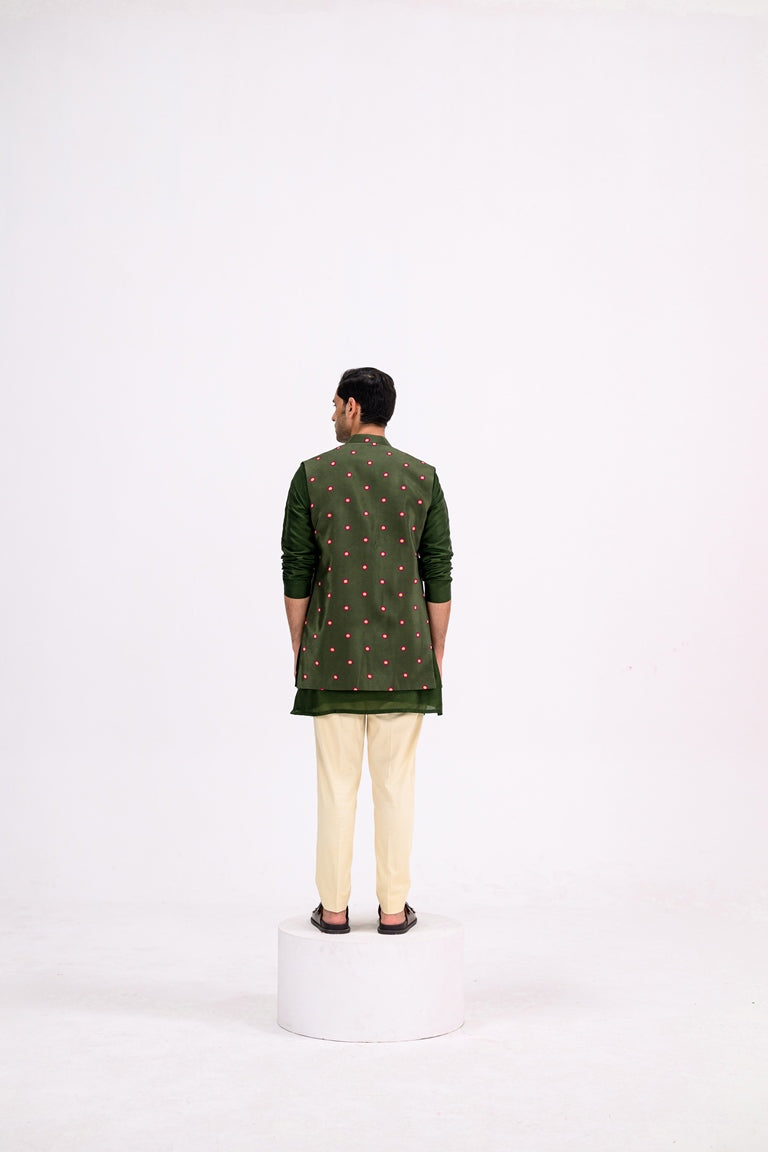 Green Dotted Heavy Half Jacekt Kurta And Pants