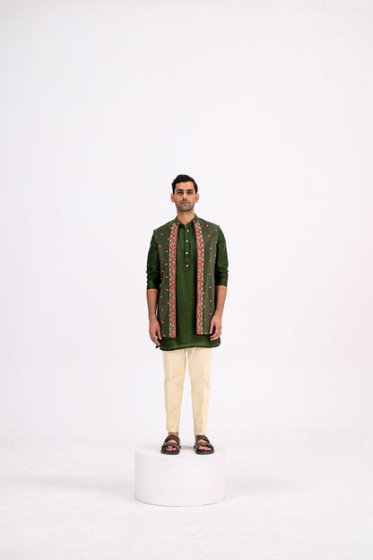 Green Dotted Heavy Half Jacekt Kurta And Pants