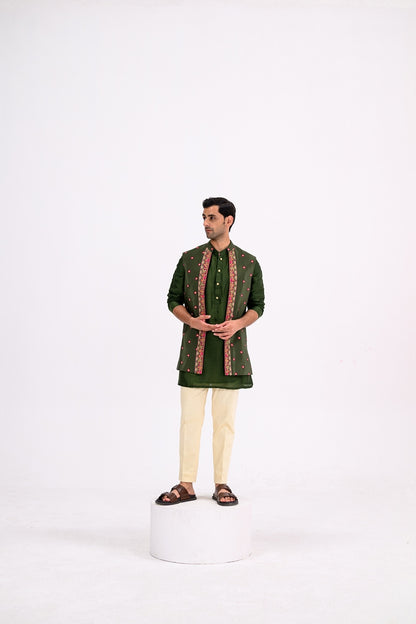 Green Dotted Heavy Half Jacekt Kurta And Pants