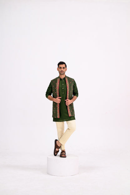 Green Dotted Heavy Half Jacekt Kurta And Pants