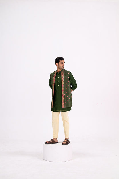 Green Dotted Heavy Half Jacekt Kurta And Pants