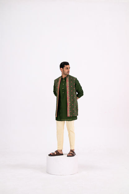 Green Dotted Heavy Half Jacekt Kurta And Pants