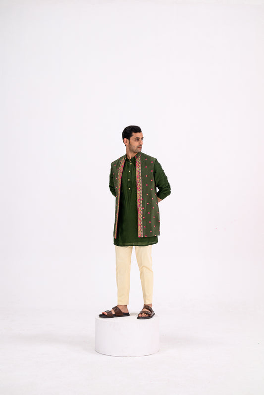 Green Dotted Heavy Half Jacekt Kurta And Pants