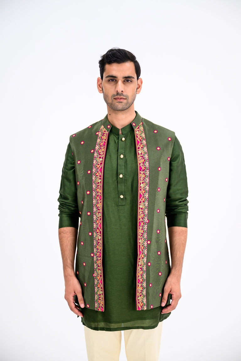 Green Dotted Heavy Half Jacekt Kurta And Pants