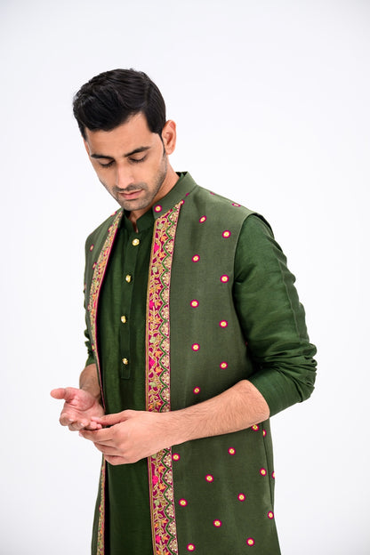 Green Dotted Heavy Half Jacekt Kurta And Pants