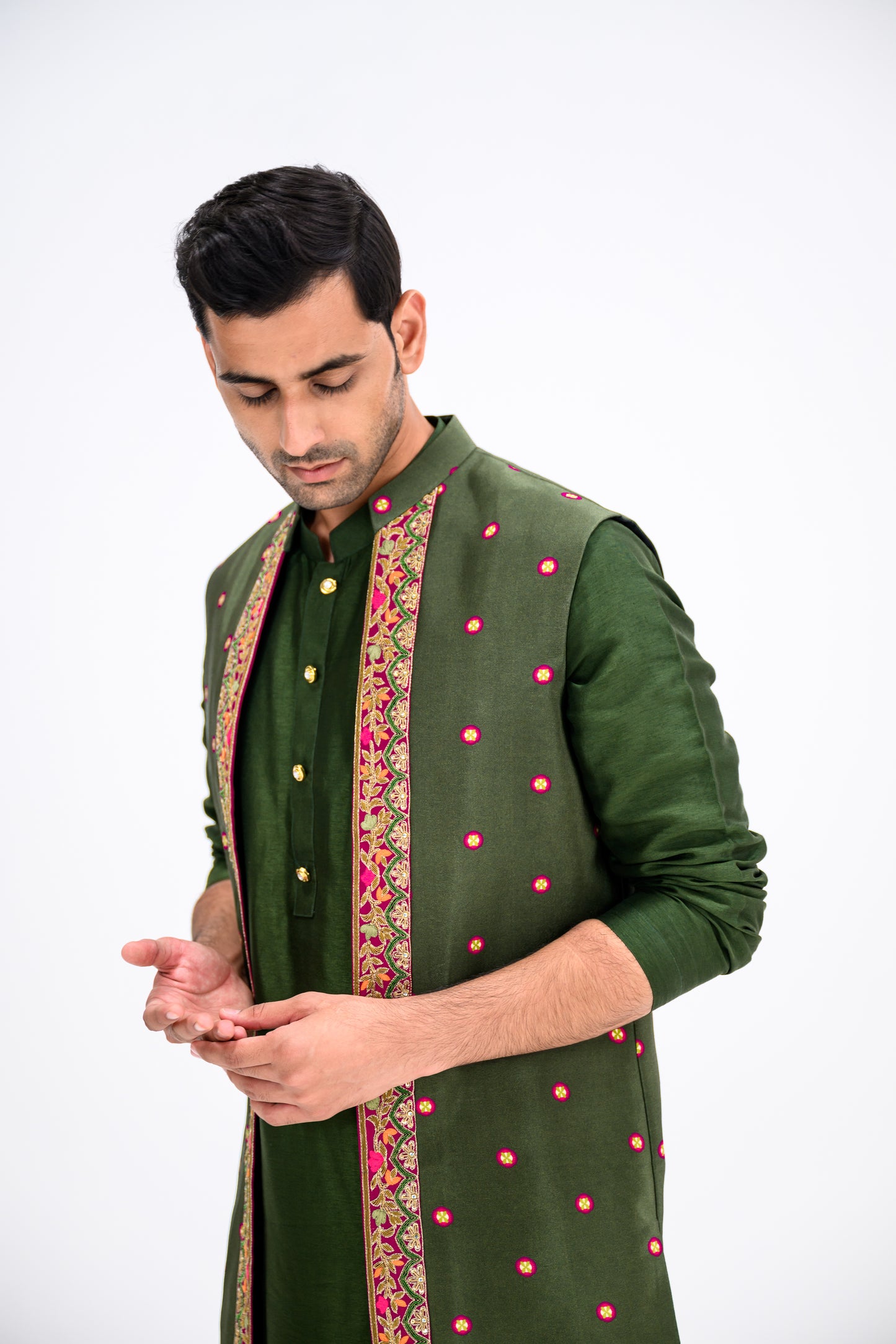 Green Dotted Heavy Half Jacekt Kurta And Pants