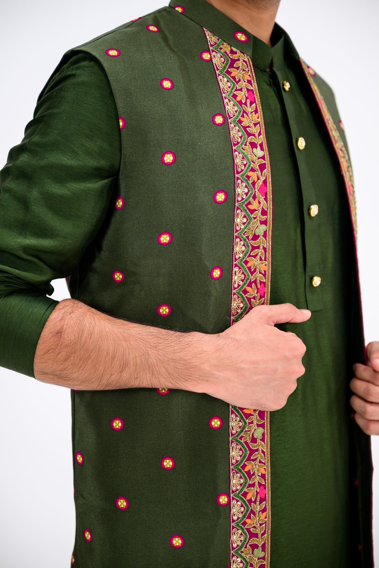 Green Dotted Heavy Half Jacekt Kurta And Pants