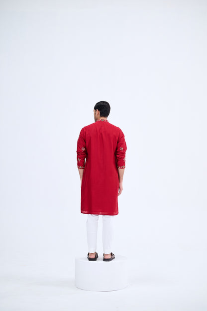 RED BUTI KURTA SET WITH WHITE PANTS