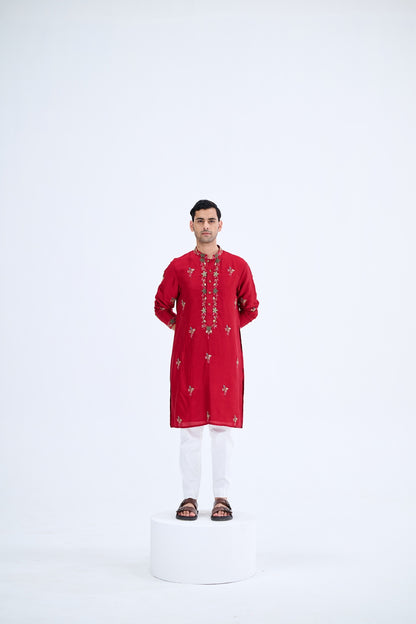 RED BUTI KURTA SET WITH WHITE PANTS