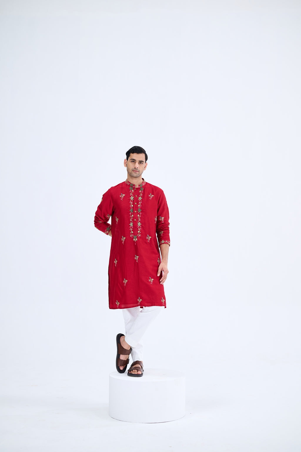 RED BUTI KURTA SET WITH WHITE PANTS