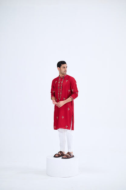 RED BUTI KURTA SET WITH WHITE PANTS