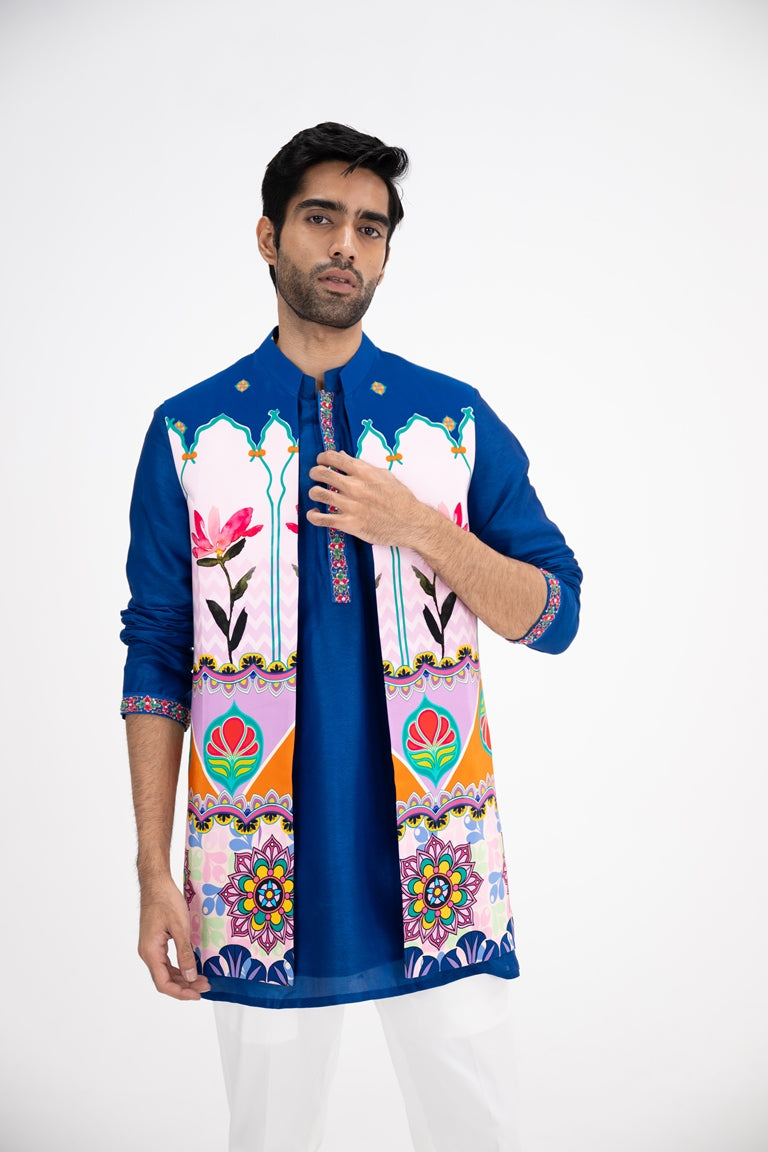 Blue Lotus Print Half Jacket Paired With Blue Kurta And White Pants(Half Jacket/full Set)