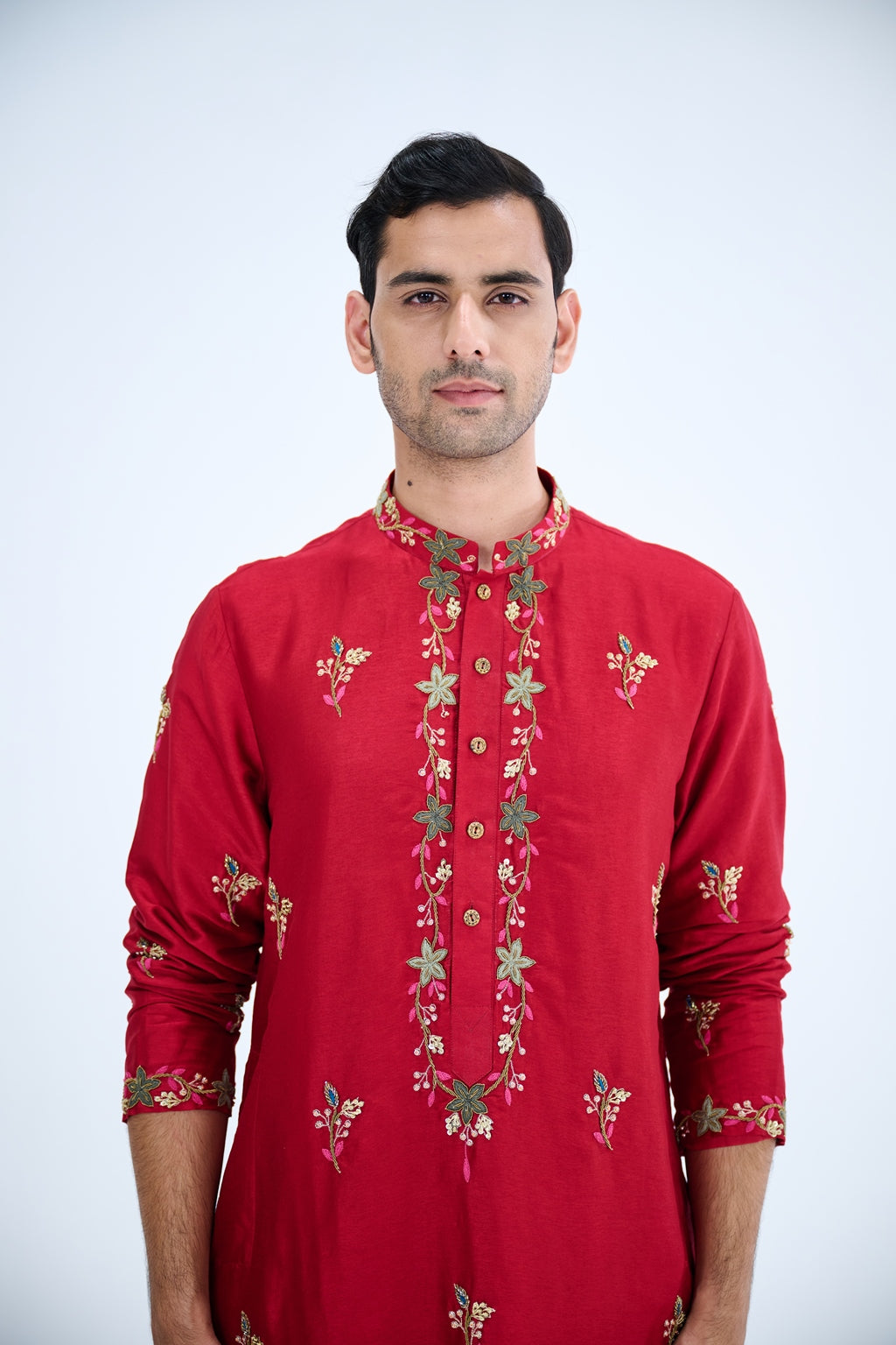 RED BUTI KURTA SET WITH WHITE PANTS