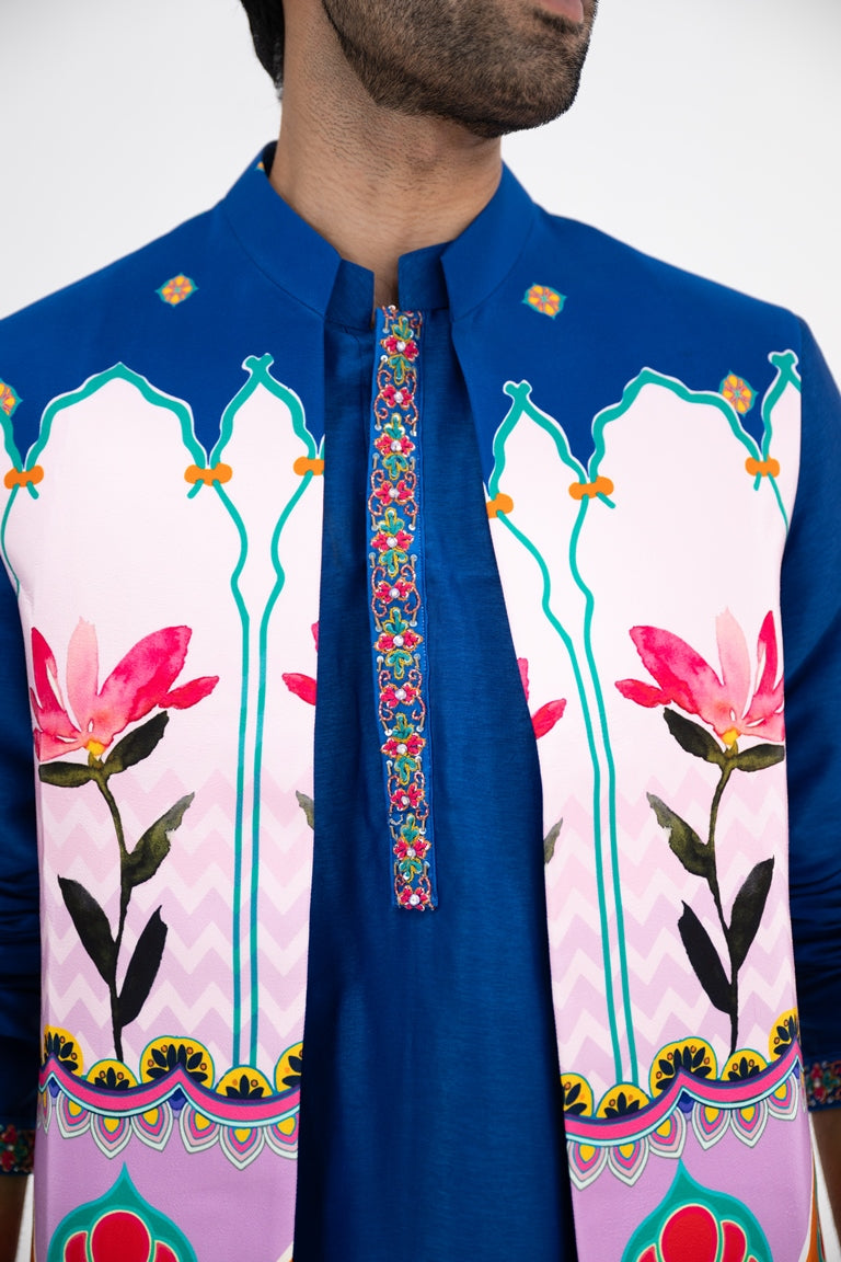 Blue Lotus Print Half Jacket Paired With Blue Kurta And White Pants(Half Jacket/full Set)