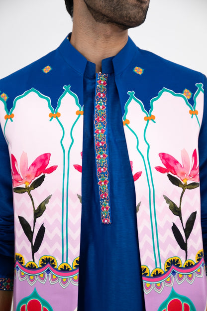 Blue Lotus Print Half Jacket Paired With Blue Kurta And White Pants(Half Jacket/full Set)