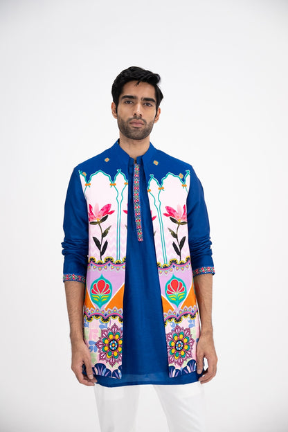 Blue Lotus Print Half Jacket Paired With Blue Kurta And White Pants(Half Jacket/full Set)