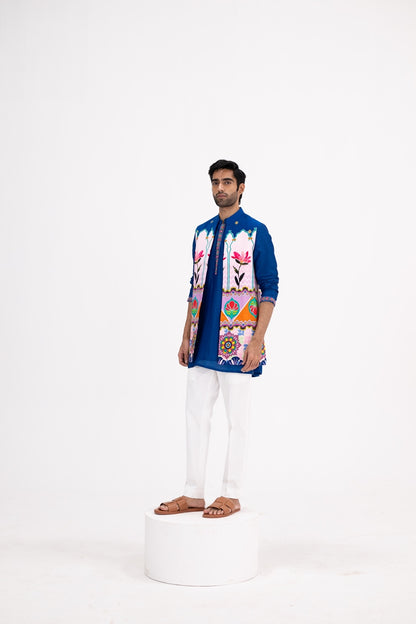 Blue Lotus Print Half Jacket Paired With Blue Kurta And White Pants(Half Jacket/full Set)