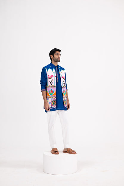 Blue Lotus Print Half Jacket Paired With Blue Kurta And White Pants(Half Jacket/full Set)