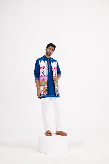 Blue Lotus Print Half Jacket Paired With Blue Kurta And White Pants(Half Jacket/full Set)