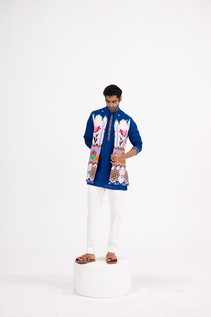 Blue Lotus Print Half Jacket Paired With Blue Kurta And White Pants(Half Jacket/full Set)