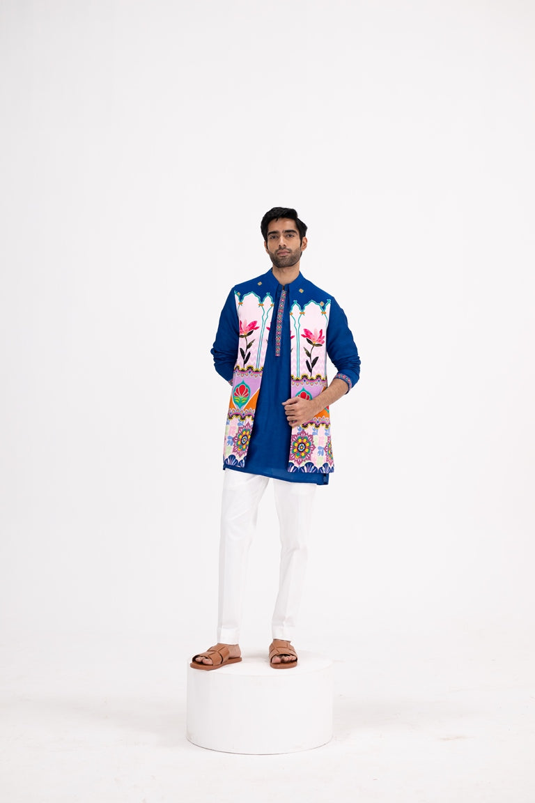 Blue Lotus Print Half Jacket Paired With Blue Kurta And White Pants(Half Jacket/full Set)