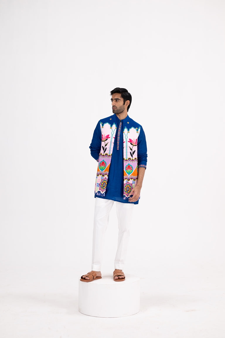 Blue Lotus Print Half Jacket Paired With Blue Kurta And White Pants(Half Jacket/full Set)