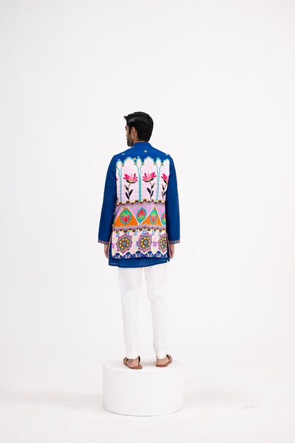 Blue Lotus Print Half Jacket Paired With Blue Kurta And White Pants(Half Jacket/full Set)