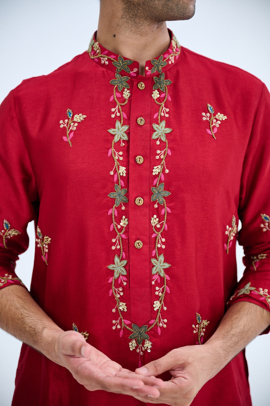 RED BUTI KURTA SET WITH WHITE PANTS