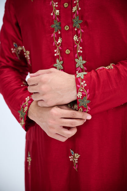 RED BUTI KURTA SET WITH WHITE PANTS