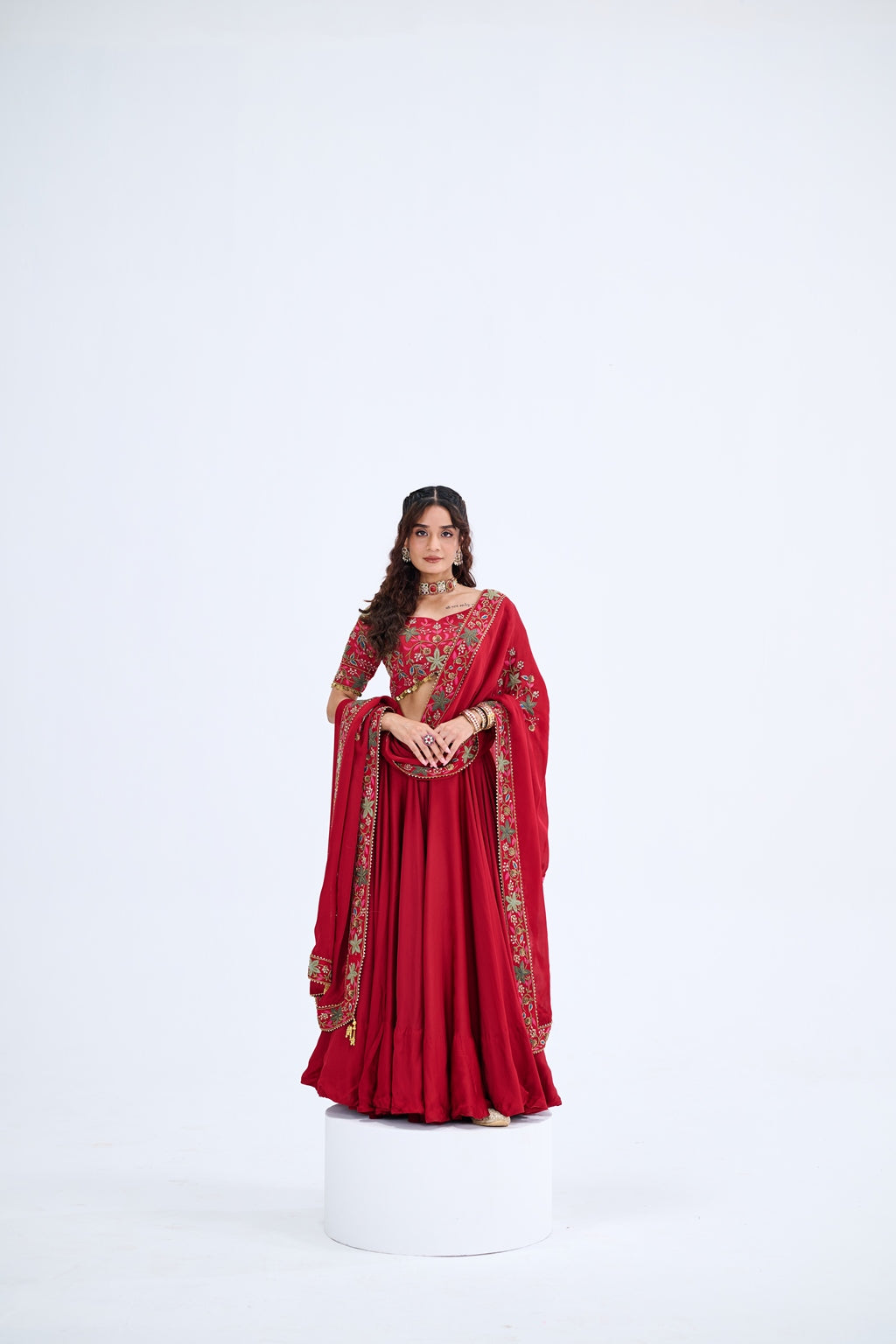 RED LEHENGA WITH EMBROIDERED BLOUSE PAIRED WITH EMBROIDERED BUTI DUPATTA