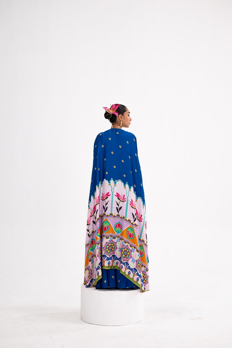 Blue Lotus Print Lehenga Cape Set