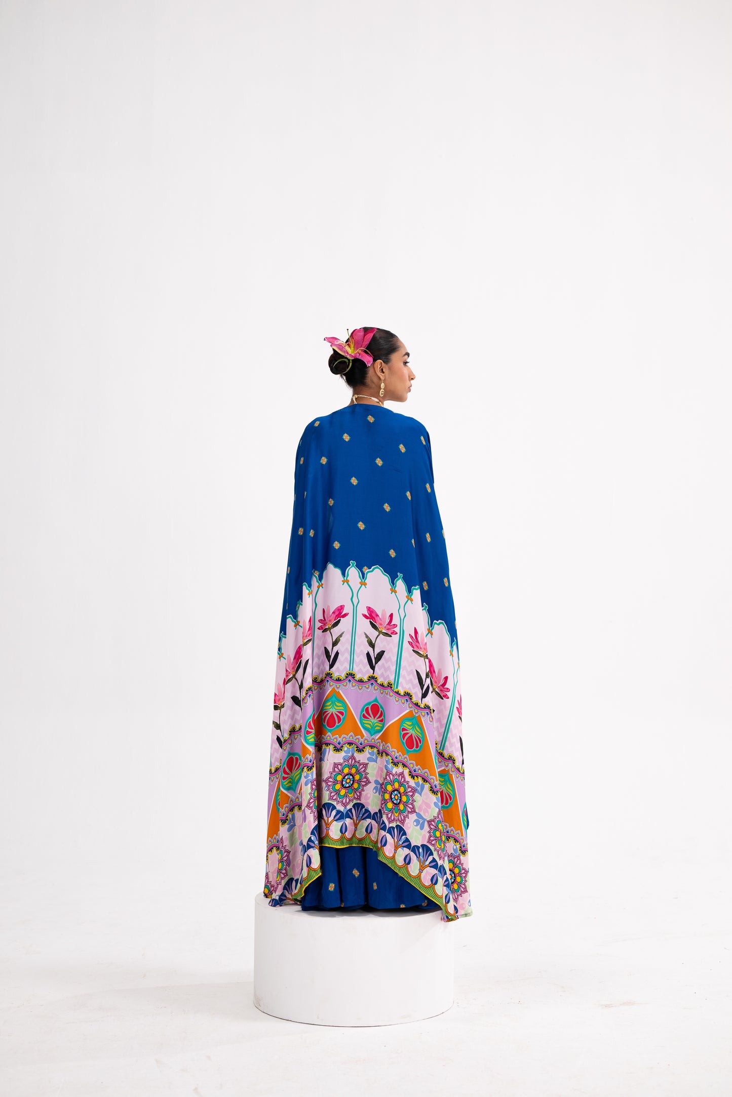 Blue Lotus Print Lehenga Cape Set