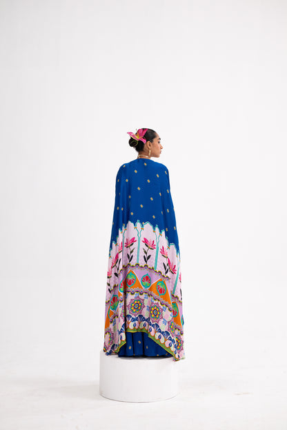 Blue Lotus Print Lehenga Cape Set