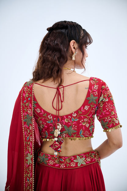 RED LEHENGA WITH EMBROIDERED BLOUSE PAIRED WITH EMBROIDERED BUTI DUPATTA