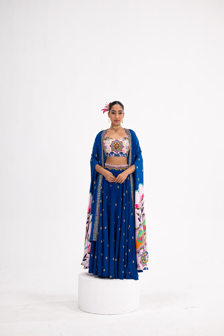 Blue Lotus Print Lehenga Cape Set