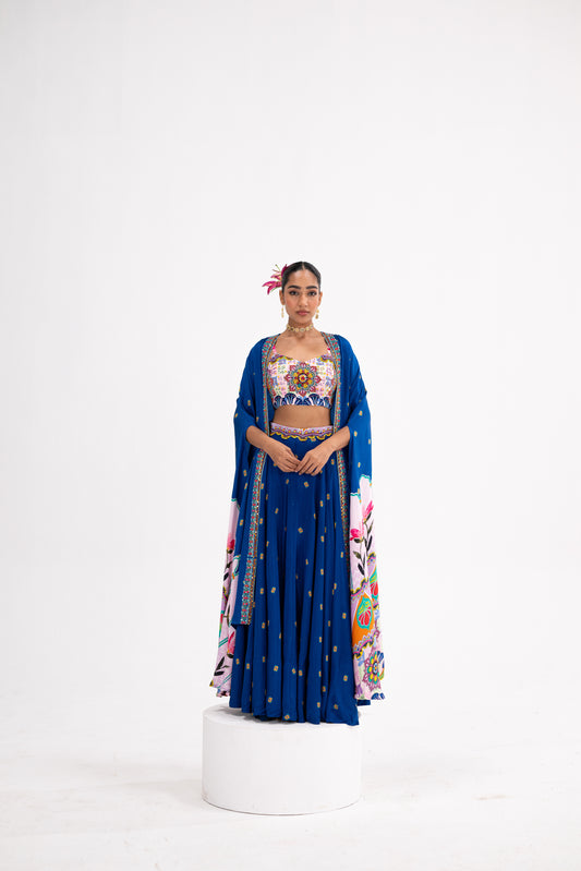 Blue Lotus Print Lehenga Cape Set