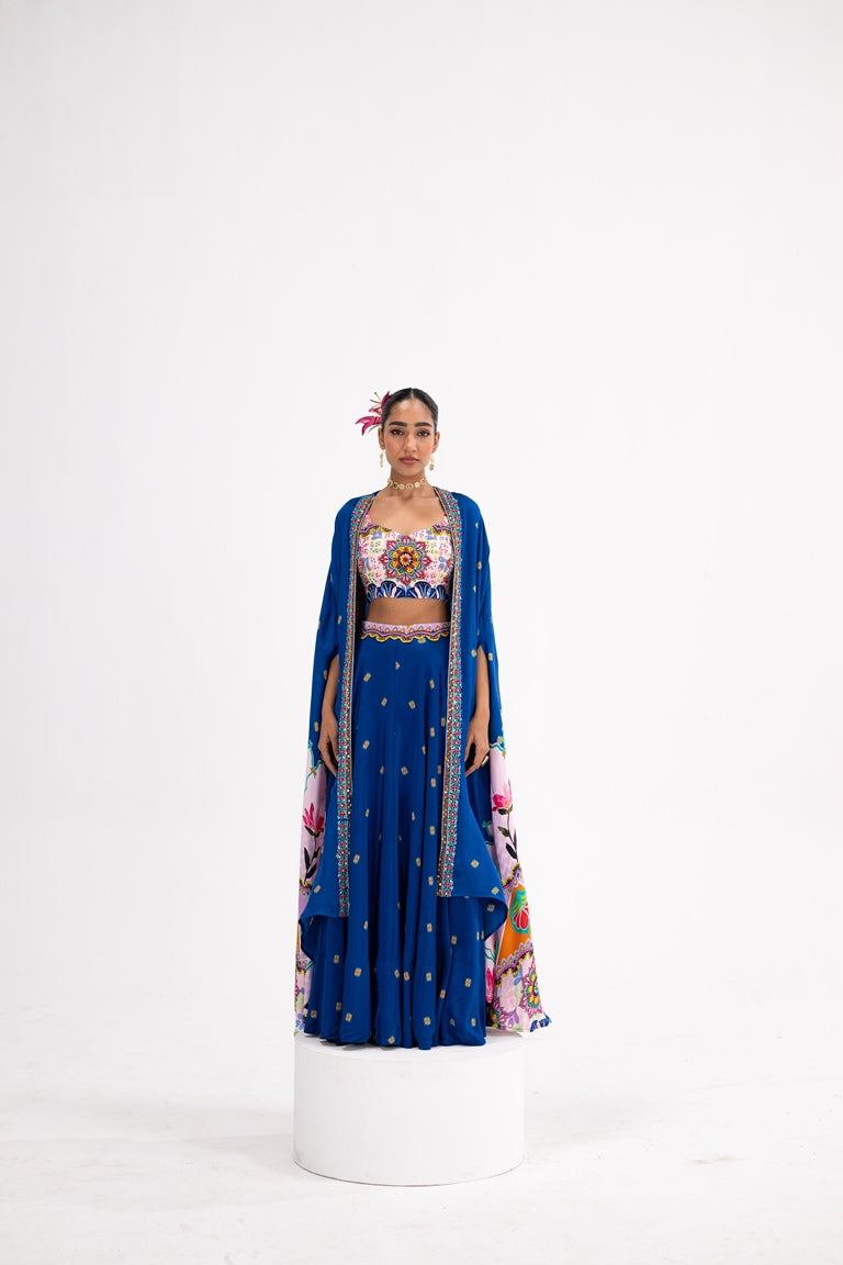 Blue Lotus Print Lehenga Cape Set