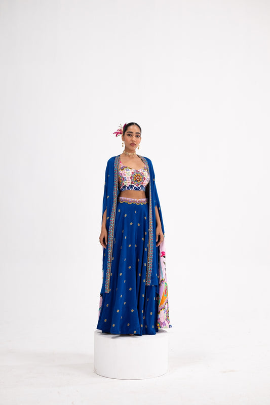 Blue Lotus Print Lehenga Cape Set