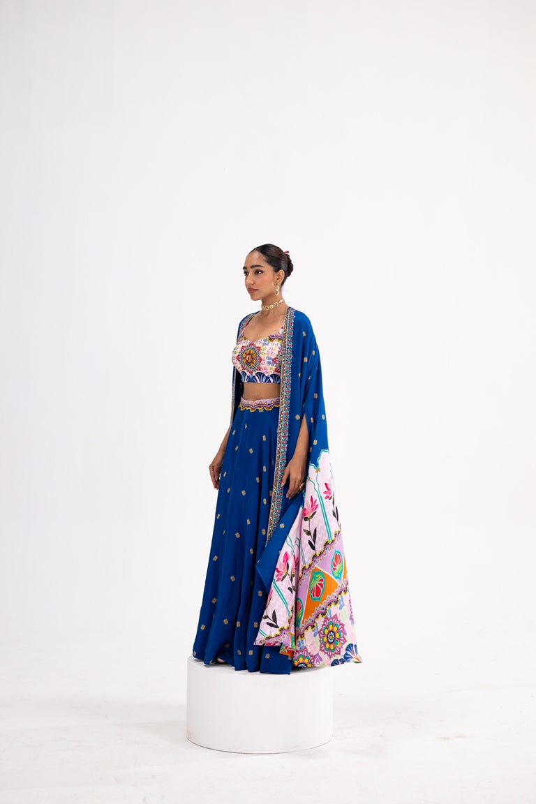 Blue Lotus Print Lehenga Cape Set