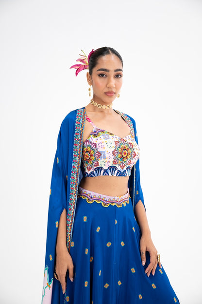 Blue Lotus Print Lehenga Cape Set