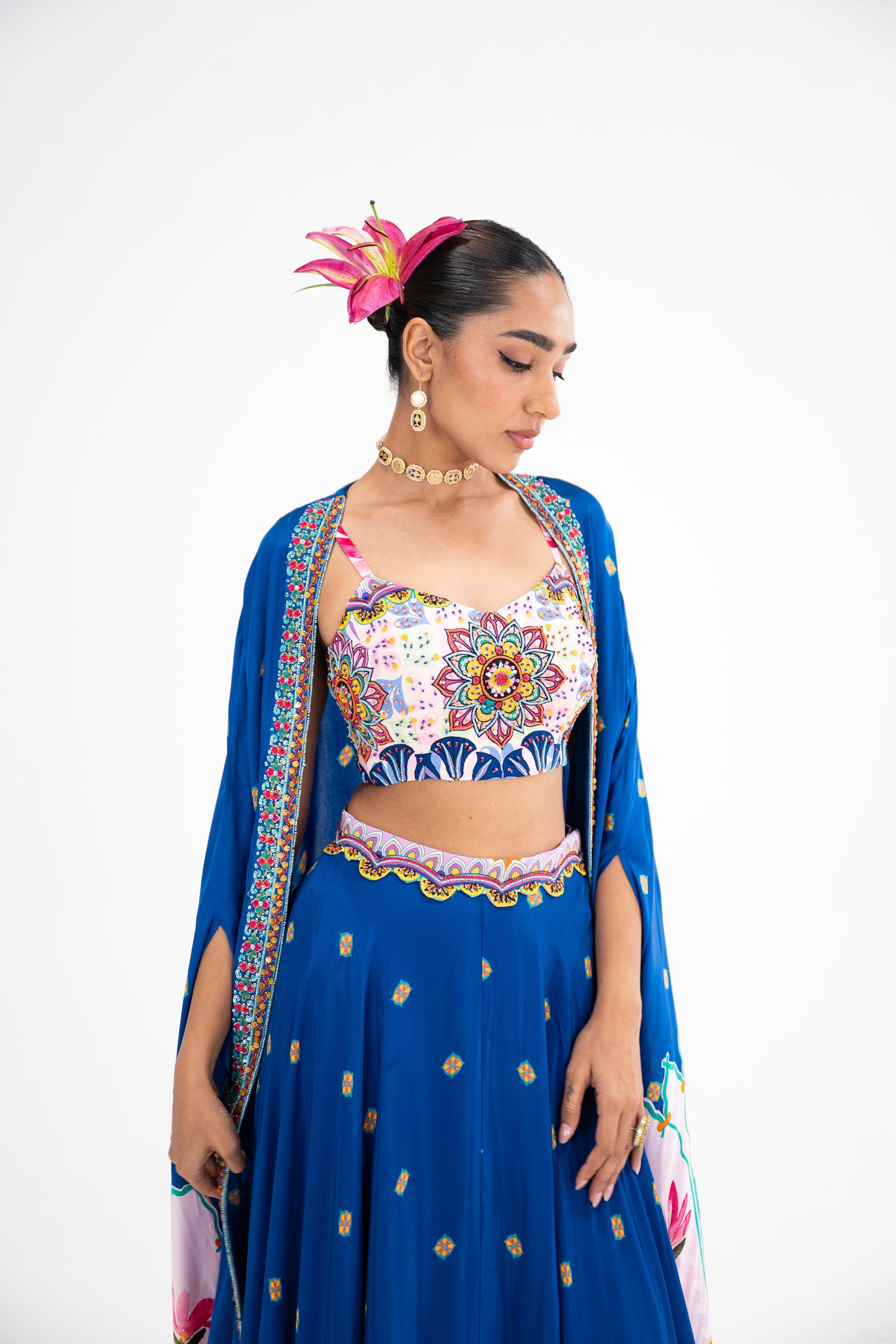 Blue Lotus Print Lehenga Cape Set