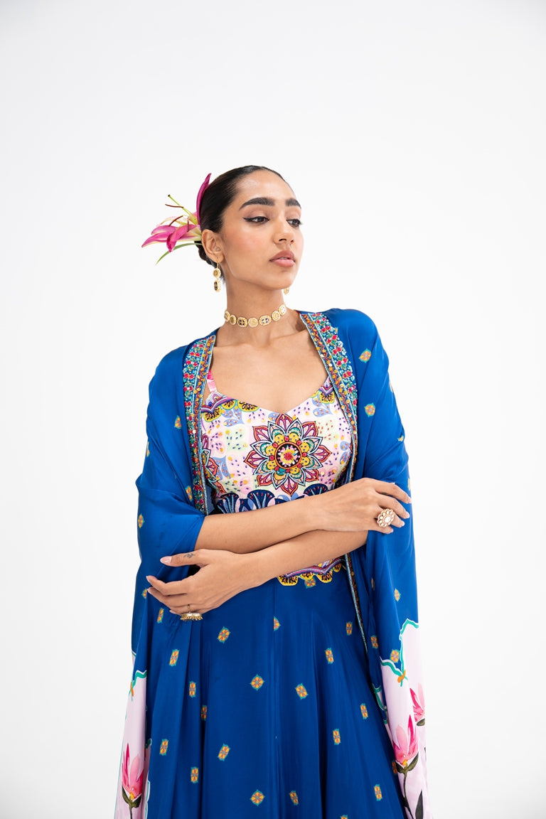 Blue Lotus Print Lehenga Cape Set