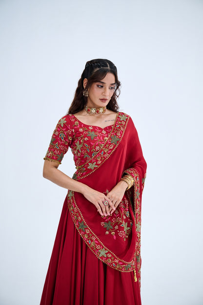 RED LEHENGA WITH EMBROIDERED BLOUSE PAIRED WITH EMBROIDERED BUTI DUPATTA