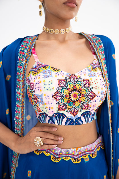 Blue Lotus Print Lehenga Cape Set