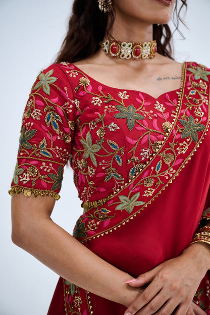 RED LEHENGA WITH EMBROIDERED BLOUSE PAIRED WITH EMBROIDERED BUTI DUPATTA