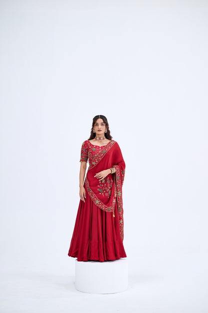 RED LEHENGA WITH EMBROIDERED BLOUSE PAIRED WITH EMBROIDERED BUTI DUPATTA