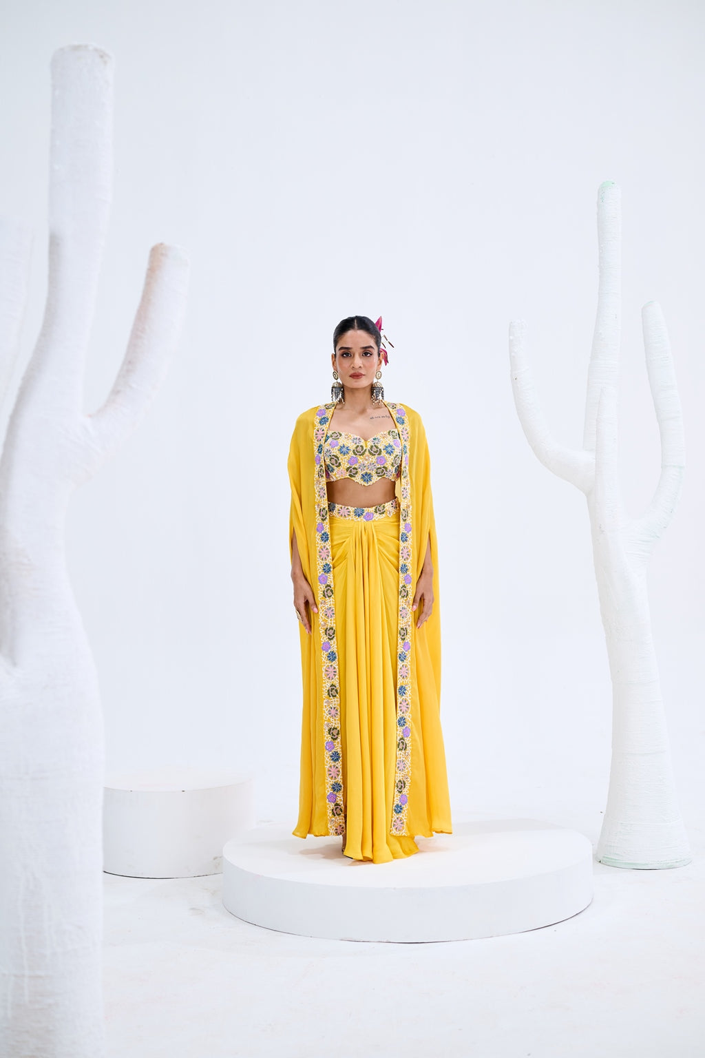 YELLOW DHOTI BLOUSE CAPE SET