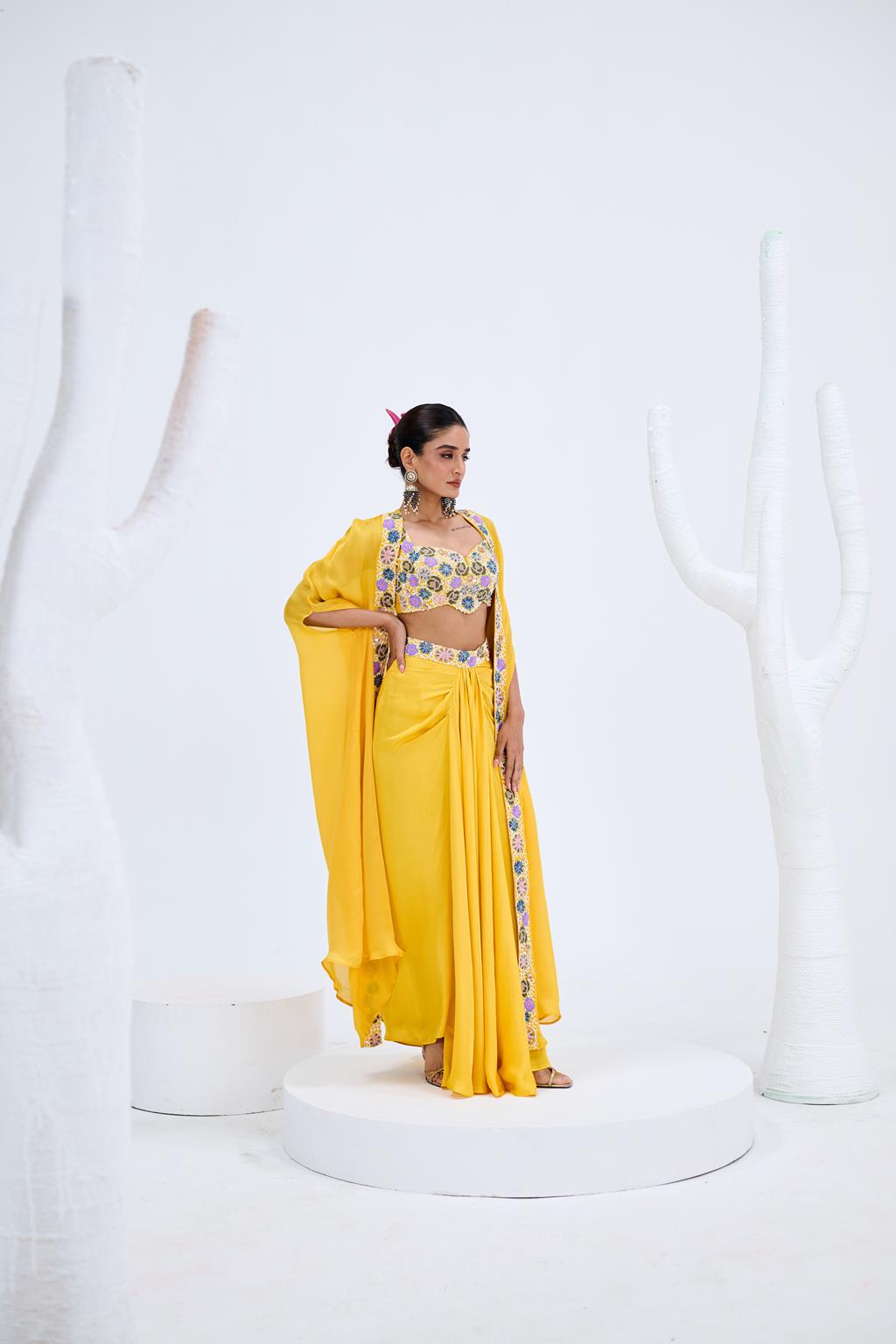 YELLOW DHOTI BLOUSE CAPE SET